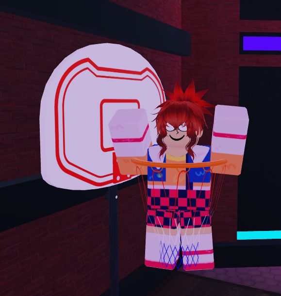 a picture of a roblox game. human rewrite (me) is ensnared in a basket ball net, carelessly hanging there.