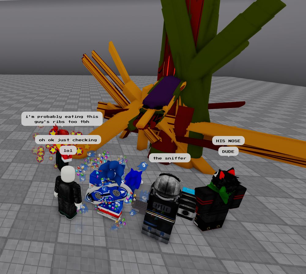 one final photo from the hijinx build room.

mario the immortal is starting to become mario the incomprehensible with how elongated he's become. i have no idea where his cap went.
Luffy_pirot is watching in pure confusion. i'm staring at mario and saying "i'm probably eating this guy's ribs too tbh". weatherman115 says "oh ok just checking / lol" in response. Metaxy says "the sniffer". max_ventures says "HIS NOSE / DUDE"