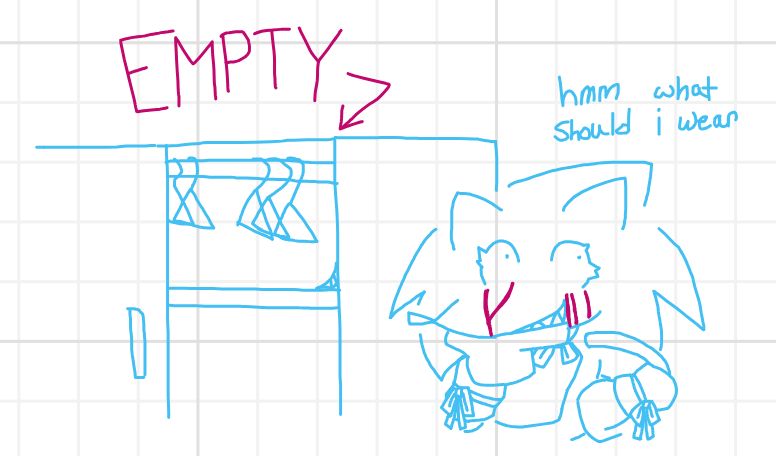 jude, in front of her closet, pondering.
text reads: "hmmm what should i wear"
the closet is notably EMPTY as the text above it implies, having nothing aside from barren hangers and a lone cobweb in the corner