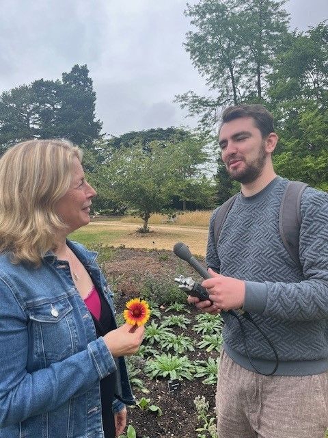 CUBG Director, Professor Beverley Glover, being interviewed by Will Tingle from The Naked Scientists in the Systematic Beds at CUBG