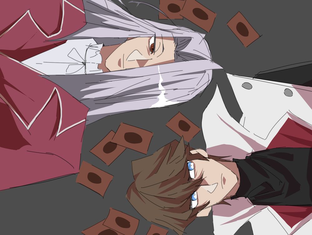 Digital drawing of Seto Kaiba and Pegasus J. Crawford from Yugioh duel monsters laying on opposite sides on a gray background with yugioh cards scattered about