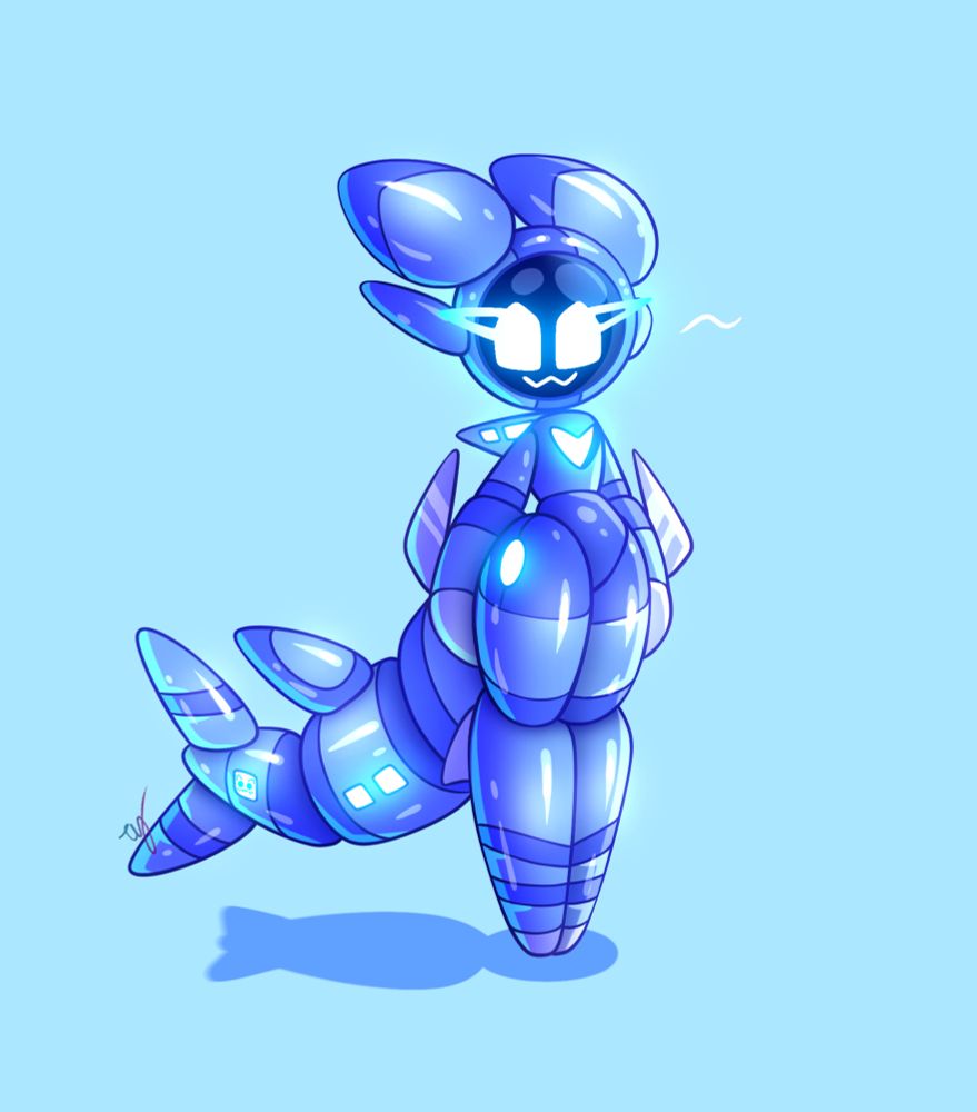 Full body shot of chibi Marin standing and facing to the right and towards the camera. She is looking at the camera while visibly smiling. Both of her arms are resting downward, and her tail hangs on the left side of her body. The background is solid light aqua. The piece is titled: “Mini Marin.”