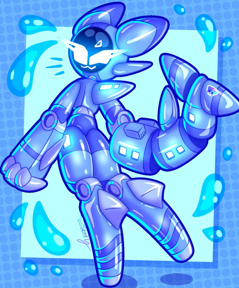 Full body shot of Marin facing to the left and away from the camera. She is looking back at the camera while winking with her left eye. Her right leg is elevated from the ground, and he arms are hanging downward. Her tail swings yo the right side of the canvas. The background consists of 3-4 shades of blue and cyan with their respective geometry. Circular water droplets populate the corners of piece. The piece is titled: “The Shark.”