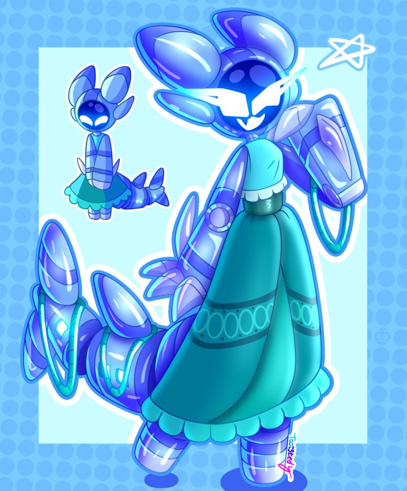 Collection of two full-body shots of Marin wearing a cyan dress. On the right is a large shot of Marin standing and facing to the right and towards the camera while posing with her right leg slightly elevated from the ground. Her left arm rests under her visor while her right hangs downward. Her tail swings to the left. On the top left is a small chibi full-body shot of Marin standing and facing to the left, towards the camera. Both of her arms hang downwards in front of the puffy dress. She is visibly smiling, with only her eyes visible through her visor. The background consists of 3 shades of blue and cyan. The piece is titled: “Shark Queen.”