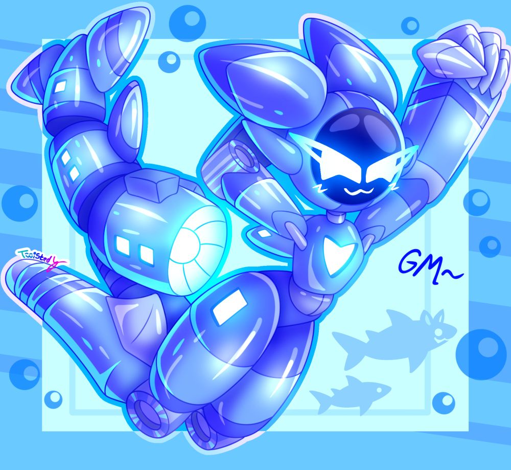 Full body shot of Marin floating and facing to the right with her front side facing the ground. Her whole body is horizontal. She is looking to the right while smiling with her eyes closed. Her left arm is stretched upwards to the right while her right arm is held behind her head. Her legs are floating behind her while completely horizontal. Her tail swings up to the top left side of the screen. The background consists of 5-6 shades of blue and light cyan with their respective geometry. The piece is titled: “Morning Stretch.”