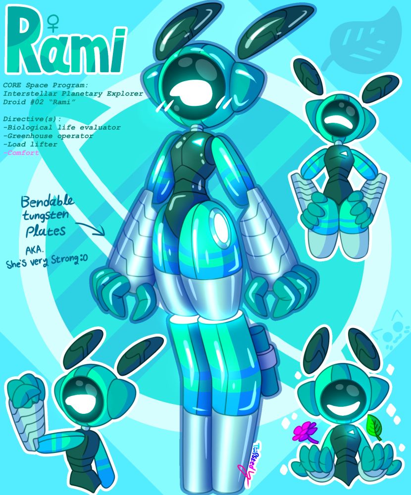 Collection of a full body shot and 3 busts of a tall green robot with dark green accents. In the centre is a full-body shot of Rami standing and facing to the left, towards the camera, while looking directly at the camera and blushing. Her arms hang downwards. On the bottom left is a bust of Rami facing to the left while looking back at the camera, while her left arm raised to her visor, with her fist clenched. She is making an annoyed face. On the bottom right is a bust of Rami facing the camera while looking down. Her eye is visibly closed. On the top right is a bust of Rami standing and facing the camera with her arms on her hips while visibly smiling. Green text on the top left of the screen reads: “Rami, CORE Space Program: Interstellar Planetary Explorer Droid #02 ‘Rami.” The background consists of 4-5 shades of aqua and light green with their respective geometry. The piece is titled: “Rami Reference #1.”