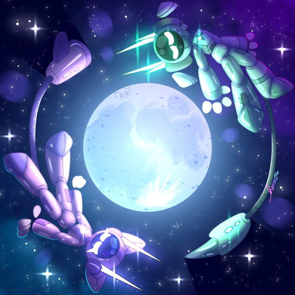 Collection of two full-body shots of two robots orbiting Earth’s moon counterclockwise (2D). On the top right is a green male robot with a long tail extending down to the bottom right with their body facing the camera. On the bottom left is a female pink robot with her tail swinging up to the top left of the screen. Both of their eyes are closed, and their arms are hanging downwards relative to their positions. In the centre is a shrunken Earth’s moon that glows brightly. The background consists of many glowing stars and multicolored purple and blue nebulae. The piece is titled: “Lunar Solace.”