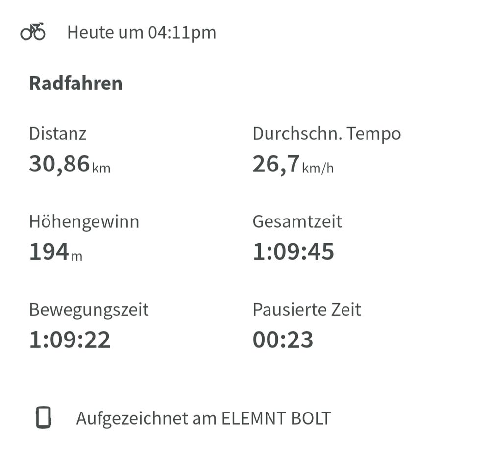 Screenshot aus der Wahoo Elemnt-App:

Heute um 04:11pm

Radfahren

Distanz

30,86 km

Höhengewinn

194 m

Bewegungszeit

1:09:22

Durchschn. Tempo

26,7 km/h

Gesamtzeit

1:09:45

Pausierte Zeit

00:23

Aufgezeichnet am ELEMNT BOLT