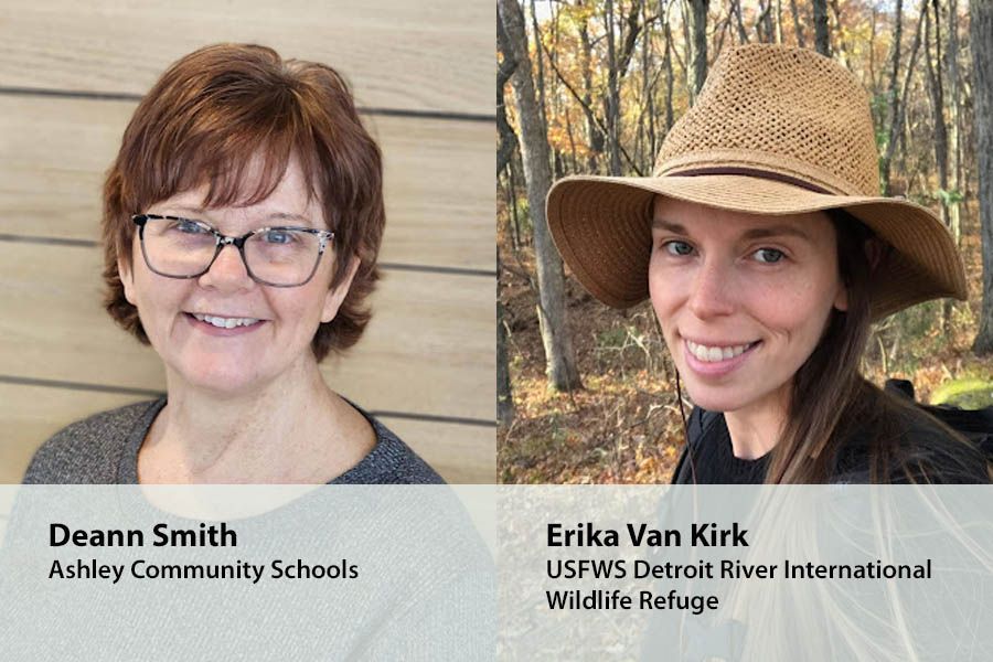 Deann Smith from Ashley Community Schools and Erika Van Kirk from USFWS Detroit River International Wildlife Refuge smile while posing for headshots