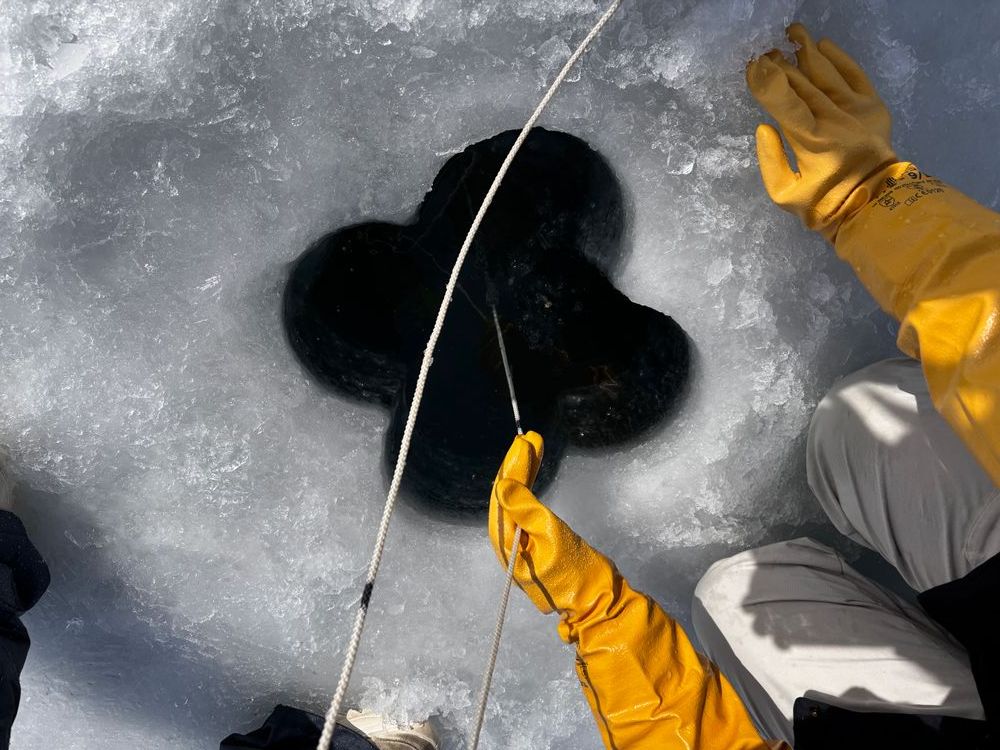 A clover-shaped hole in the ice allows a researcher to dip sampling equipment into the waters of Lake St. Clair.