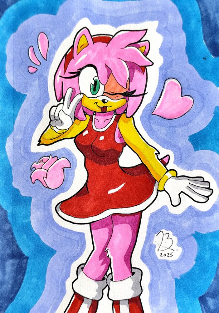 Amy rose winks at the viewer with a peace hand gesture to the left of her face. She's got a heart, rose, and some expression marks surrounding her. There js a blue aura around the illustration.