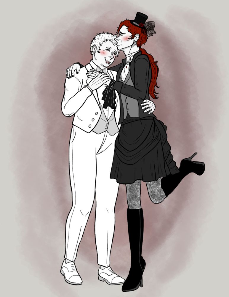 Aziraphale and Crowley in their wedding outfits!

Crowley is wearing a white cravat, grey waistcoat and dark grey formal jacket. They're also wearing a black Victorian style skirt with fishnet stockings and knee-high boots.
Aziraphale is wearing a traditional white tuxedo with a light grey waistcoat and bow tie.