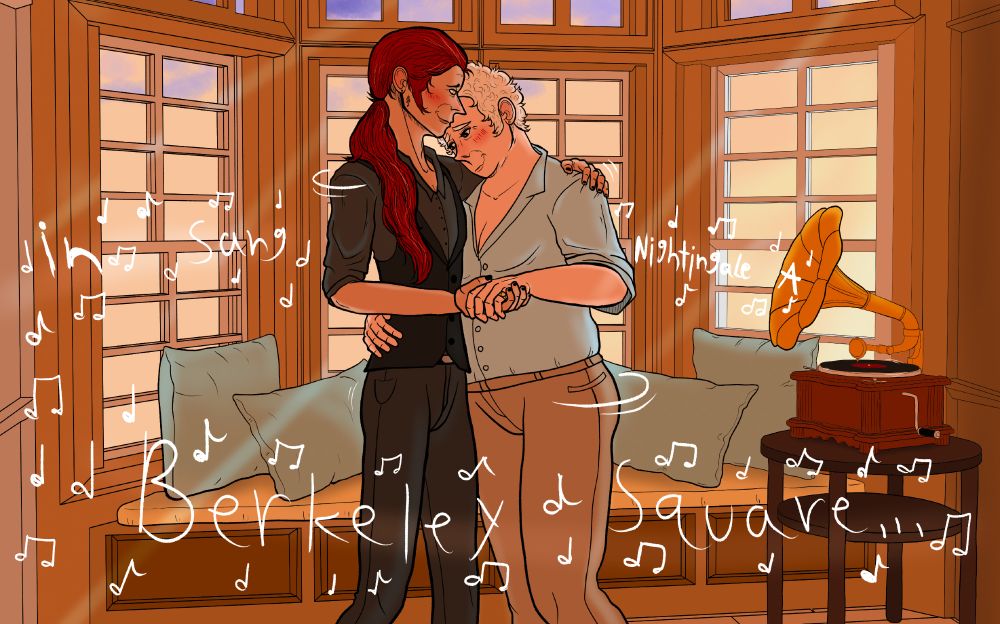Crowley and Aziraphale are slow dancing in their cottage while the sun is setting in the background.
The phonograph is playing "A Nightingale Sang in Berkeley Square" 