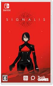 Cover of the game "Signalis" by Rose Engine. The cover has red background and the main character in the middle 