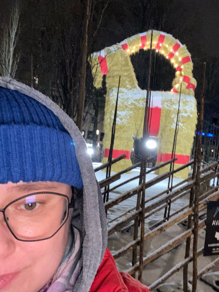 OP, wearing a blue beanie, in front of the world’s biggest straw goat. The goat is decorated with red ribbons and fairy lights, and has a light layer of snow on his back.