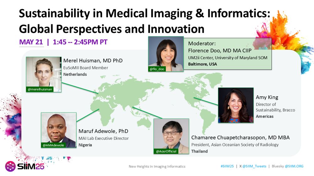 Announcement graphic for Society for Imaging Informatics in Medicine (SIIM 2025) session titled 'Sustainability in Medical Imaging & Informatics: Global Perspectives and Innovation.' Moderated by Florence Doo (Baltimore, USA) with speakers Merel Huisman (Netherlands), Maruf Adewole (Nigeria), Chamaree Chuapetcharasopon (Thailand), and Amy King (Americas). Session on May 21, 1:45–2:45 PM PT.