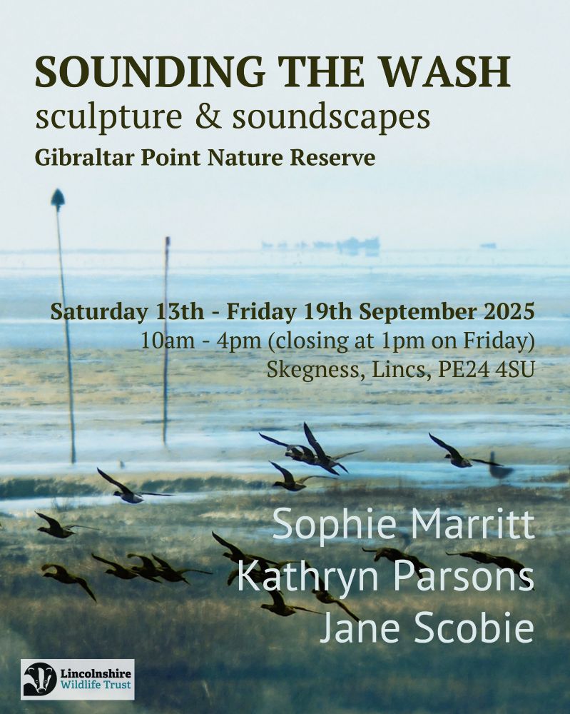 Poster for Sounding The Wash. The text reads:
Sounding The Wash 
Sculpture and soundscapes
Gibraltar Point Nature Reserve
Saturday 13th - Friday 19th September 2025
(closing 1pm on Friday)
Sophie Marritt
Kathryn Parsons
Jane Scobie
With Lincolnshire Wildlife Trust