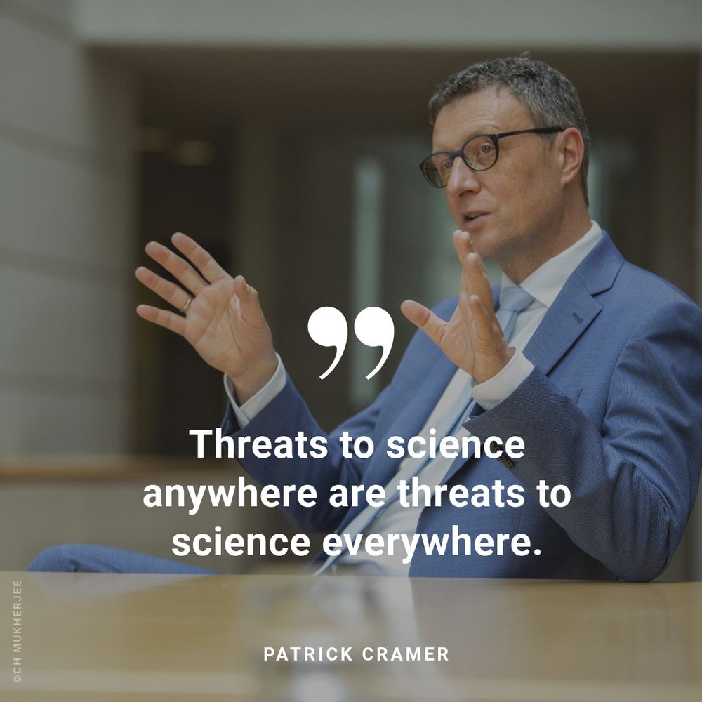 A photo of Max Planck President Patrick Cramer and the words: "Threats to science anywhere are threat to science everywhere". 