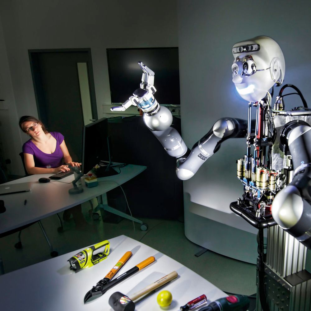 A female researcher in a lab observes a robot with mechanical arms; various tools lie on the table in front of the robot. Credit: Wolfram Scheible