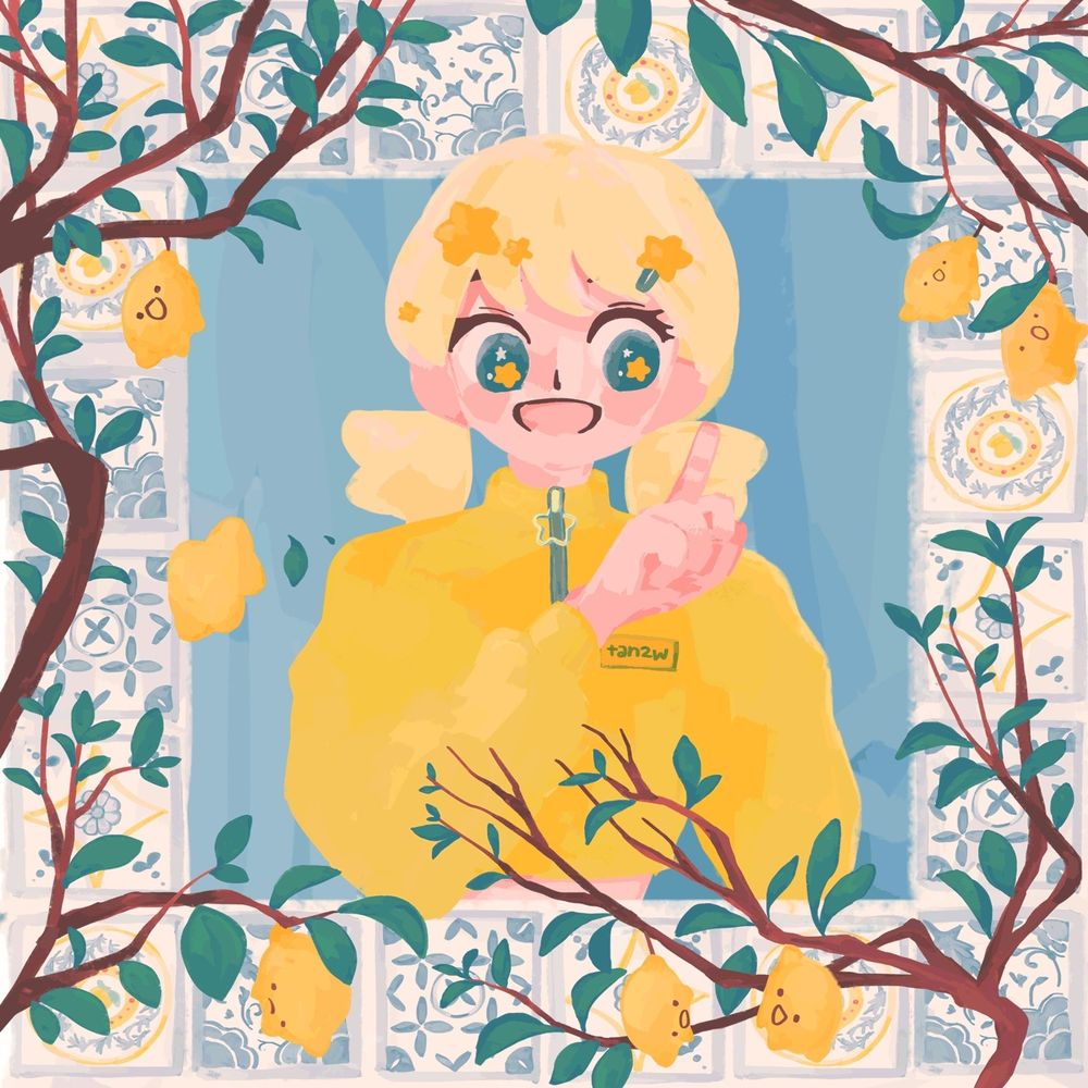 A loop animated GIF illustration of a girl with star-shape pupils, wearing a yellow cropped sweatshirt, moving with her finger in the air in a triangle shape and poke her finger at 3 corners of triangle shape - when she did that a lemon with cute doodle face appears and spin a bit before turned into star shape and disappear. The tiles with various paiting line up on every side of the pic as frame and branchs of lemon tree (with cute lemons) growing over the tiles frame as a foreground.