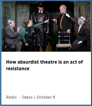 screenshot of costumed old fashioned europeans on a stage set and title how absurdist theatre is an act of resistance