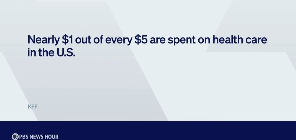 screenshot from PBS news hour citing a Kaiser study that says "Nearly $1 our of every $5 are spent on healthcare in the U.S.