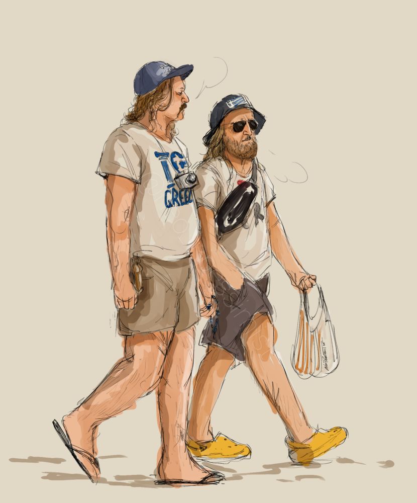 Digital doodle of Jack and Buttons chatting while walking, presumably as tourists in Greece given what they're wearing: Jack in a baseball cap that reads "ouzo & souvlaki", a shirt saying "I love Greece", cargo pants and flip flops. A camera hangs by his neck. Buttons is in another I heart Greece t-shirt and cargo pants, wearing a bucket hat with the Greek flag to protect his bald head. He's wearing yellow crocs and holding a supermarket bag. 
Jack has a kompoloi in his hand and a wooden phallus keychain hangs from one of his belt loops. 