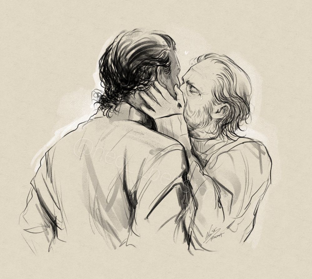 Digital sketch of Roach and Izzy, in warm and comfy turtlenecks, sharing a kiss. 