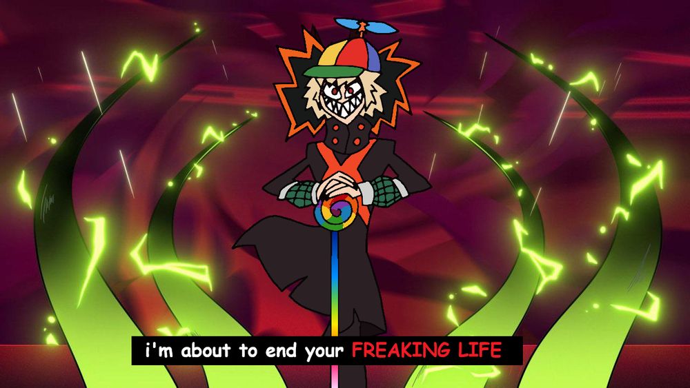 Katsuki Bakugou drawn as a fellow fraud, Alastor from Hazbin Hotel, saying "i'm about to end your FREAKING LIFE" while donning the JD Vance lollipop and helicopter hat