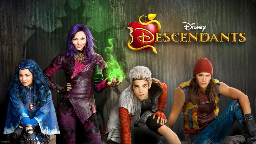Thumbnail cover of Descendants, featuring Evie (Evil Queen's daughter), Mal (Maleficent's daughter), Carlos (Cruella de Vil's son), and Jay (Jafar's son), with Maleficent's silhouette outlined behind Mal.