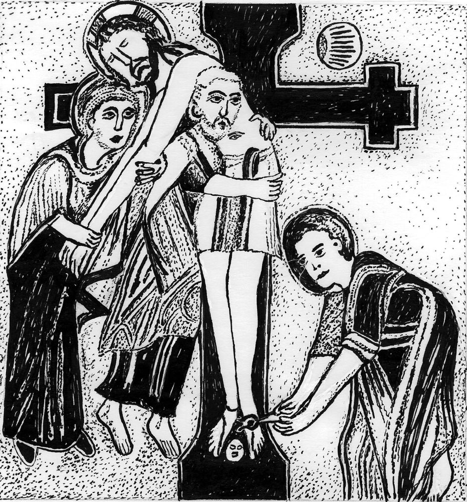 Jesus schwankt mit zwei freien, ausgestreckten Armen und droht nach vorne zu fallen, seine Füße sind noch ans Kreuz genagelt.