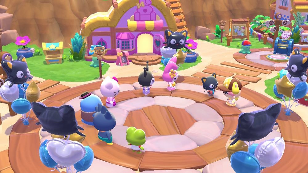 A collection of Sanrio characters in a plaza. Chococat balloons line the plaza