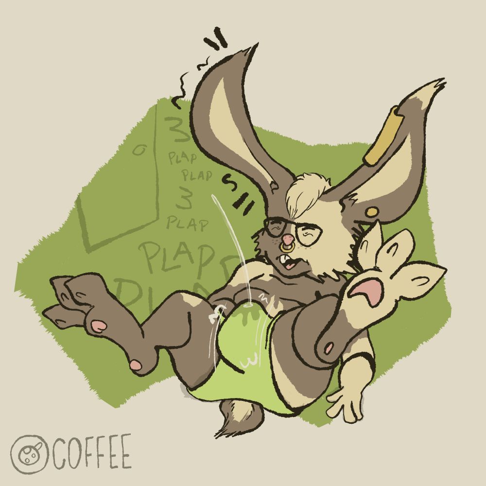 Brax, the bunny, is jerking outside a door. From inside there are sounds of sex. He is listening intently.

He is wearing a green pair of underwear and is cumming through them.