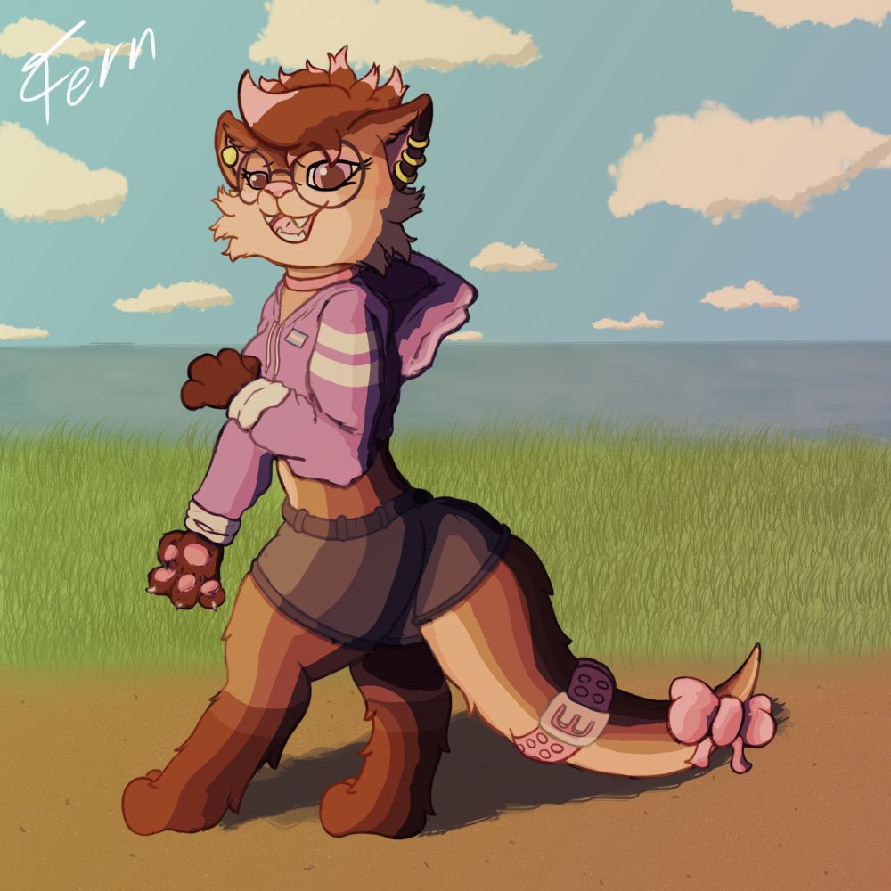 My otter sona Sylvie walking in a landscape. She has gold earrings and wears a pink collar. She has a purple crop top hoodie and short shorts, as well as a big pink ribbon bow and a pink belt collar on her tail.