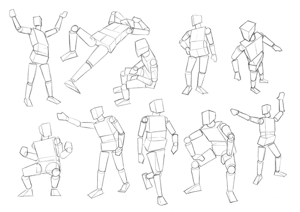 A page of simple mannequin figure drawings