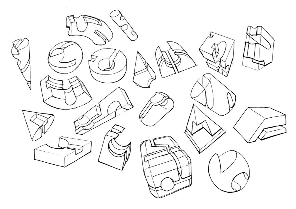 A page of sketches of geometric forms with pieces cut out of them