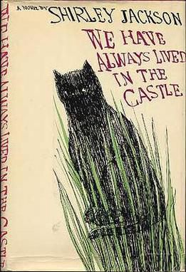 Cover We Have Always Lived In The Castle. Drawing of black cat surrounded by tall green grass on beige background 