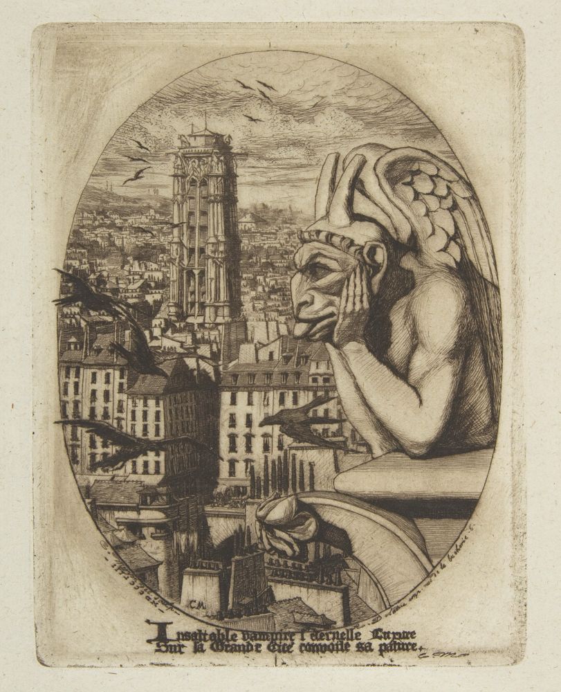 1853 - print shows a grotesque gargoyle from Norte Dame against an aerial view of Paris surrounded by a flock of dark birds 