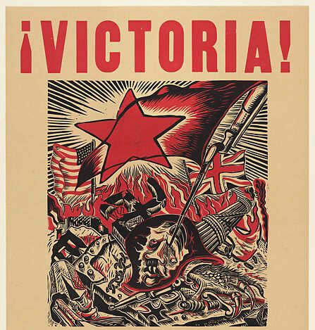 Red black grey and white poster victory is expressed in chaotic imagery a bayonet stuck through Hitler’s eye piles of debris American British and Soviet Flags and rays of light in the background 