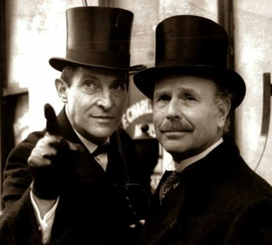 Black and white photo of Jeremy Brett and Edward Hardwicke and Holmes and Watson in ITV series - also my current obsession 