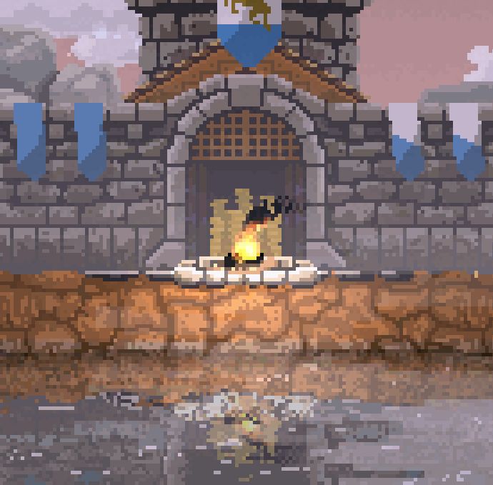 Two monarchs gather around the fire in front of a gate, pixel art.