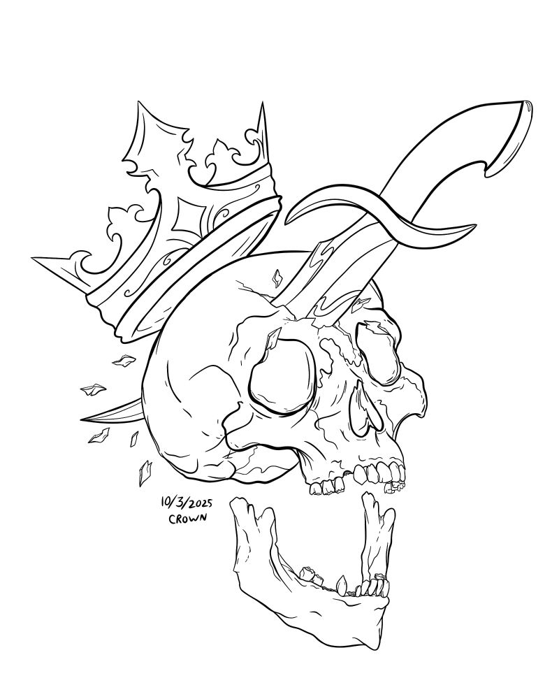 A digital drawing in neo traditional style of a skull with a dislocated jaw and a dagger through it's forehead with a crown falling off 