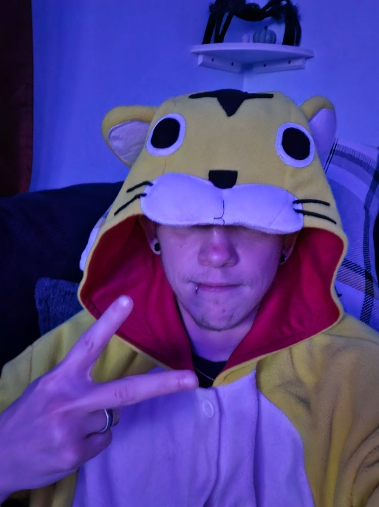 Me in a tiger kigu throwing a peace sign