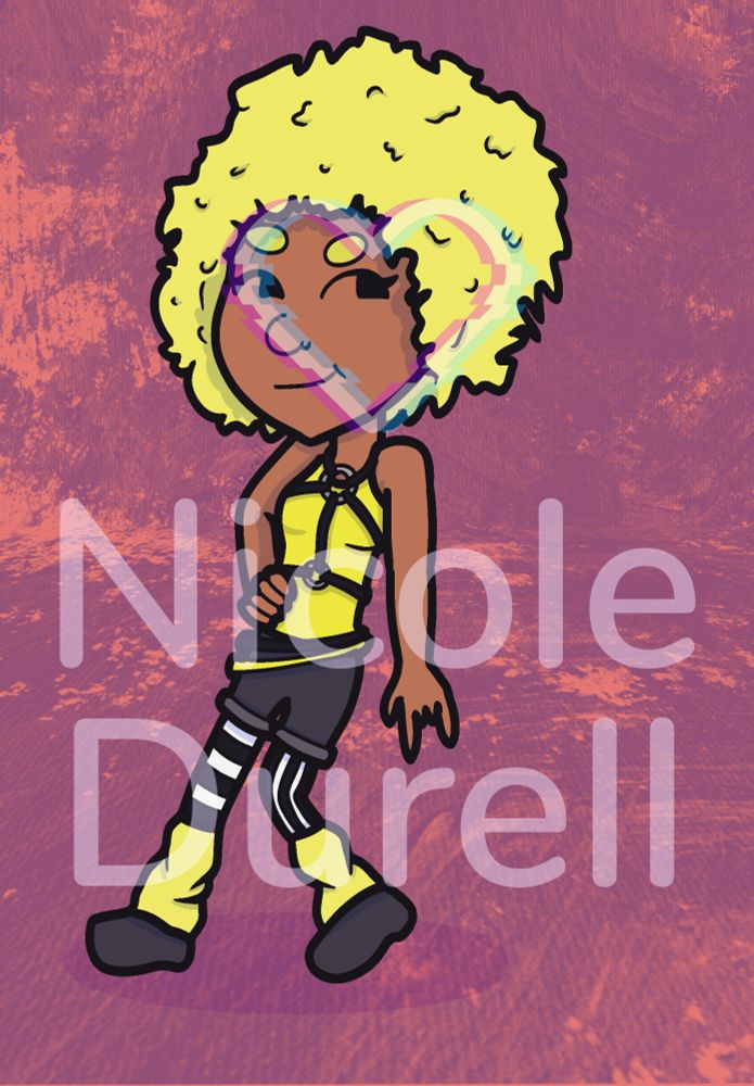 An Afro-Latina girl in pastel goth fashion poaing, drawn by Nicole Durell 