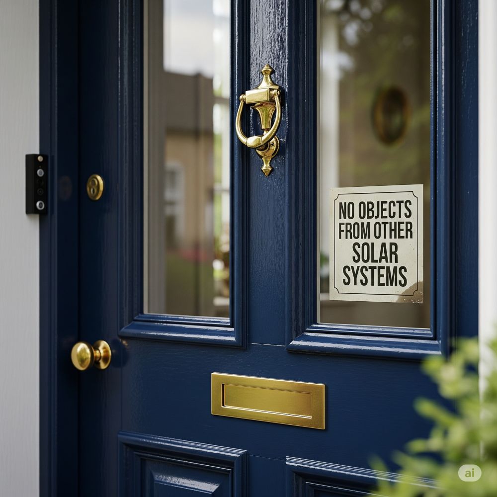 An image of close up of a British style front door with a sticker on the glass that reads "No objects from other Solar Systems"