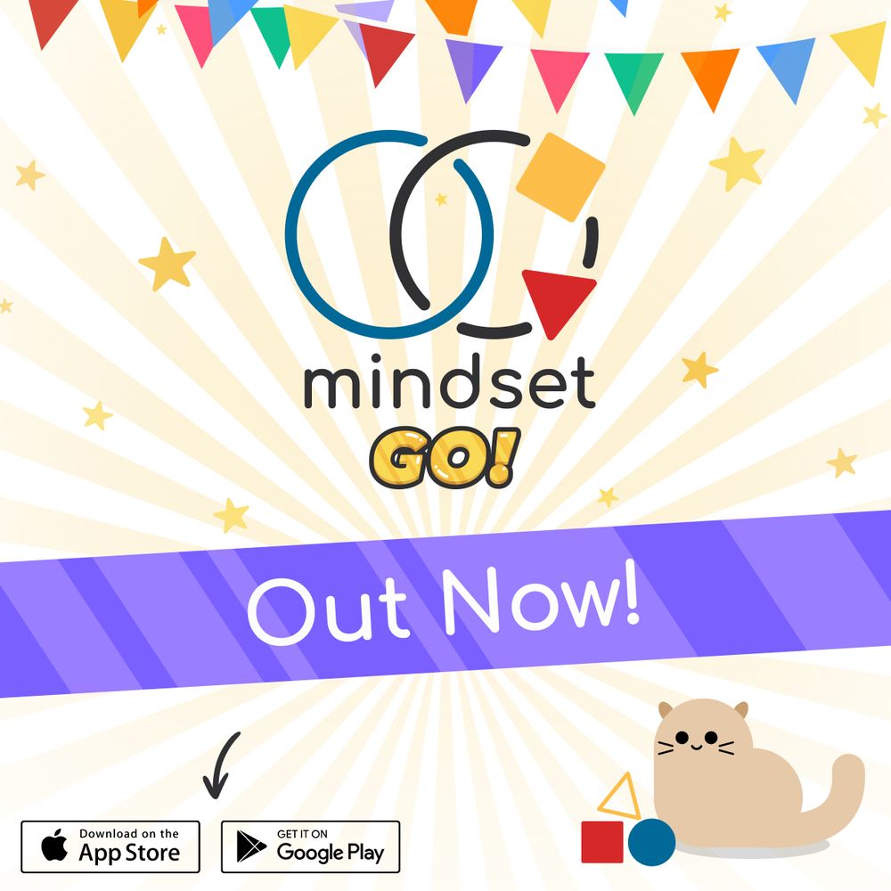 A release image for Mindset GO! It says "Mindset GO! Out Now!" next to the Mindset logo, a modified Venn diagram. Below, a cat lurks by some sortable shapes. There are cats in the game; also shapes.