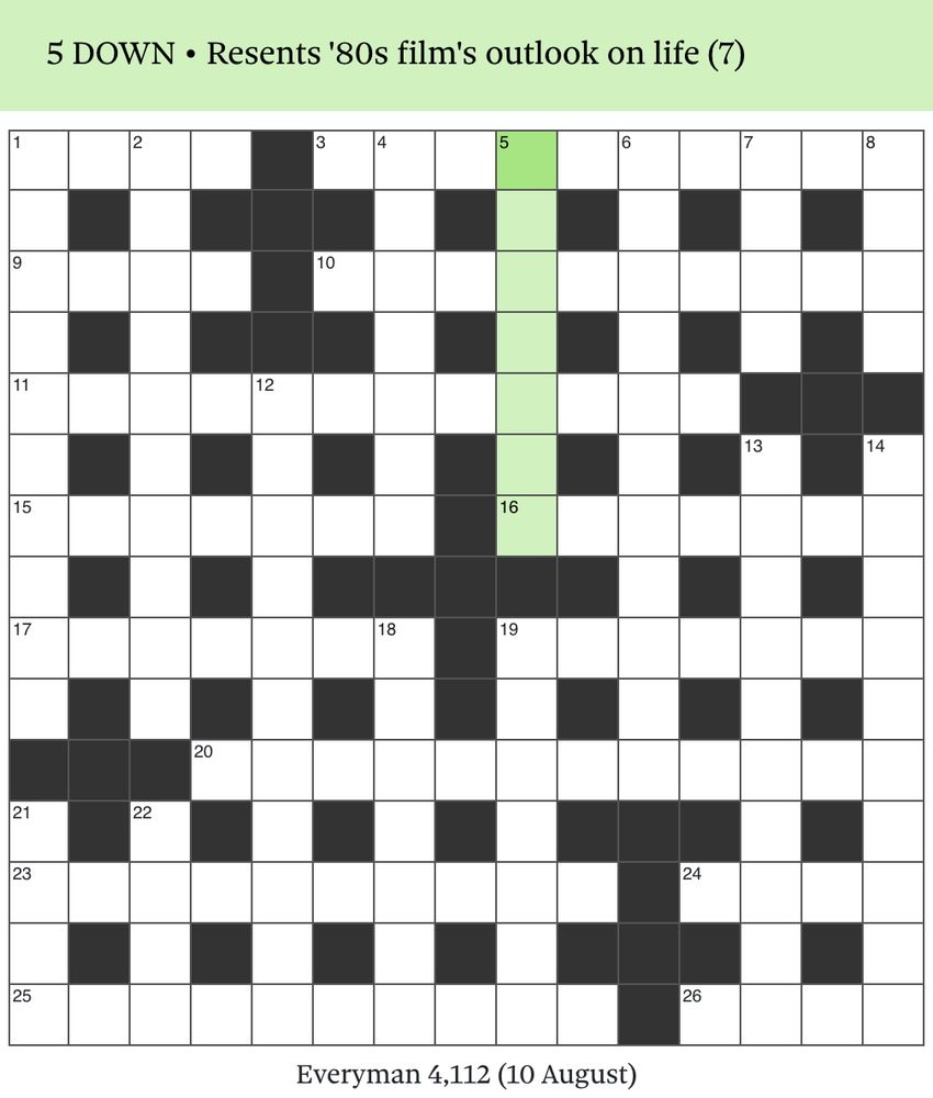 This week's Everyman, The Observer's cryptic crossword. 5D is highlighted. 