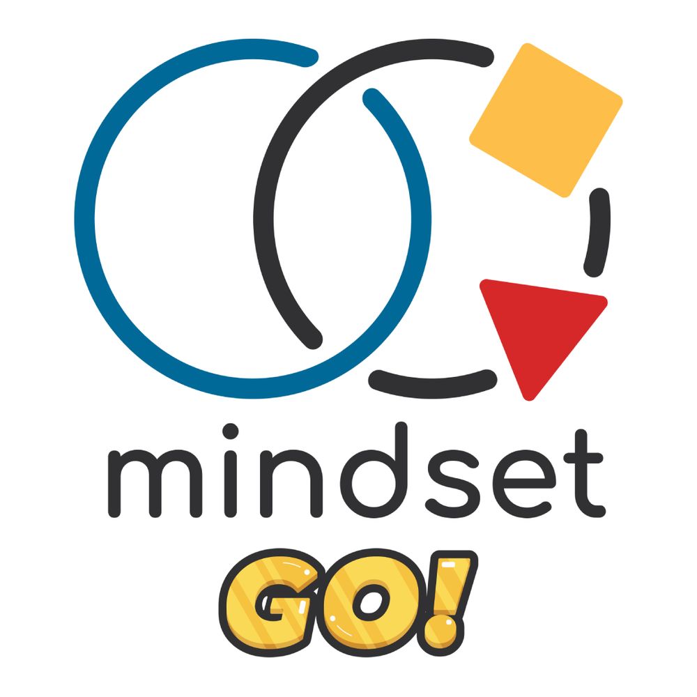 The logo for Mindset Go!. It shows two interlinked circles, one blue, one black. On the edge of the black circle are two smaller shapes, a yellow square and a red triangle. 