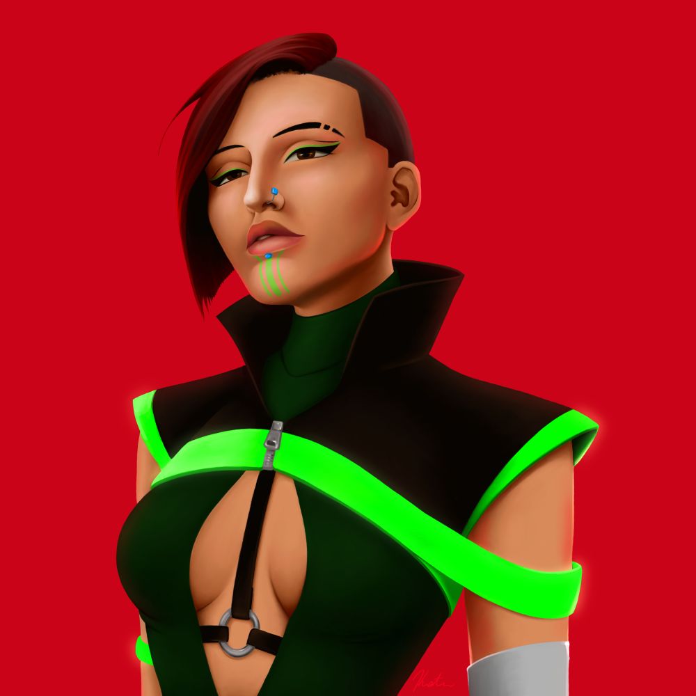 A young woman with short-cropped black hair wearing a black turtleneck with neon green accents against a bright red background looks at the viewer evoking a sense that she is suspicious of you