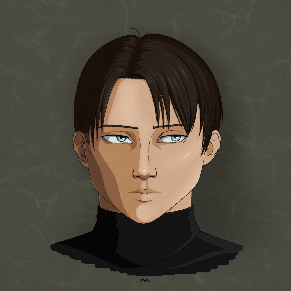 Digital portrait painting of a young man with straight dark hair, light skin and pale blue eyes. He faces the camera, but looks toward the right side of the frame. He also wears a black turtleneck and neutral expression. The lighting is moderately contrasted from bright on the right side of the image to dark on the left. The coloring style is cell shaded.